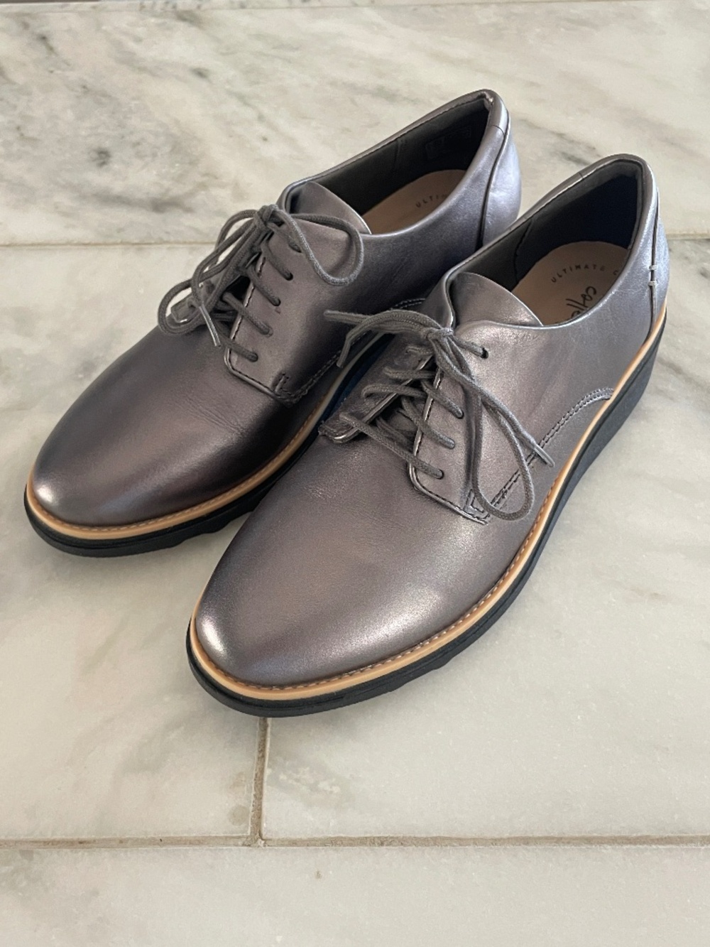 Clarks Sharon Noel Gunmetal Leather Lace-Up Loafers Size 7M